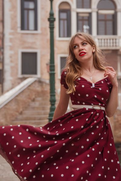 Swing Dress, LILY 50s Burgundy Polkadot (873)