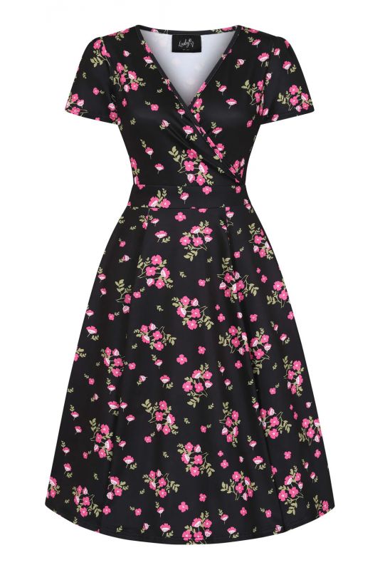 Swing Dress, LYRA Pink Flowers on Black